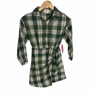 NWT Between Green & pink Plaid Button up faux wrap long sleeve dress size 10